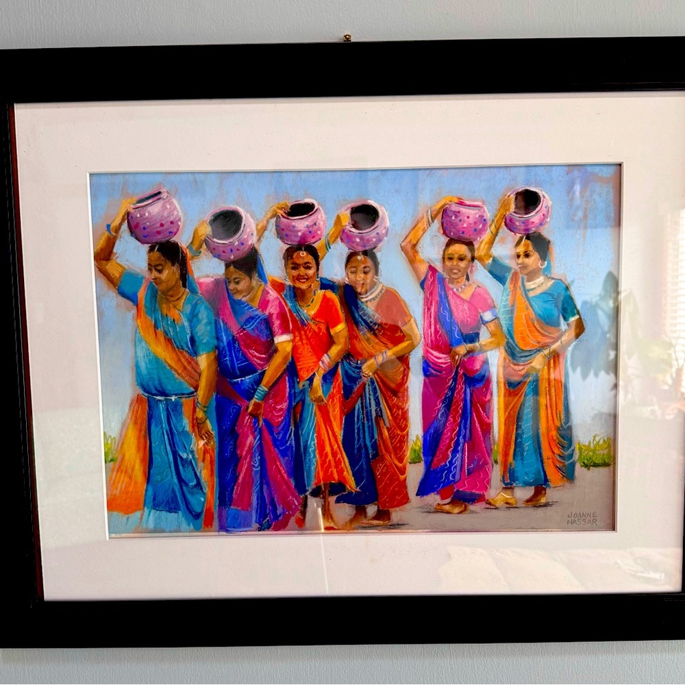 Pastel Indian dancers carrying baskets original art